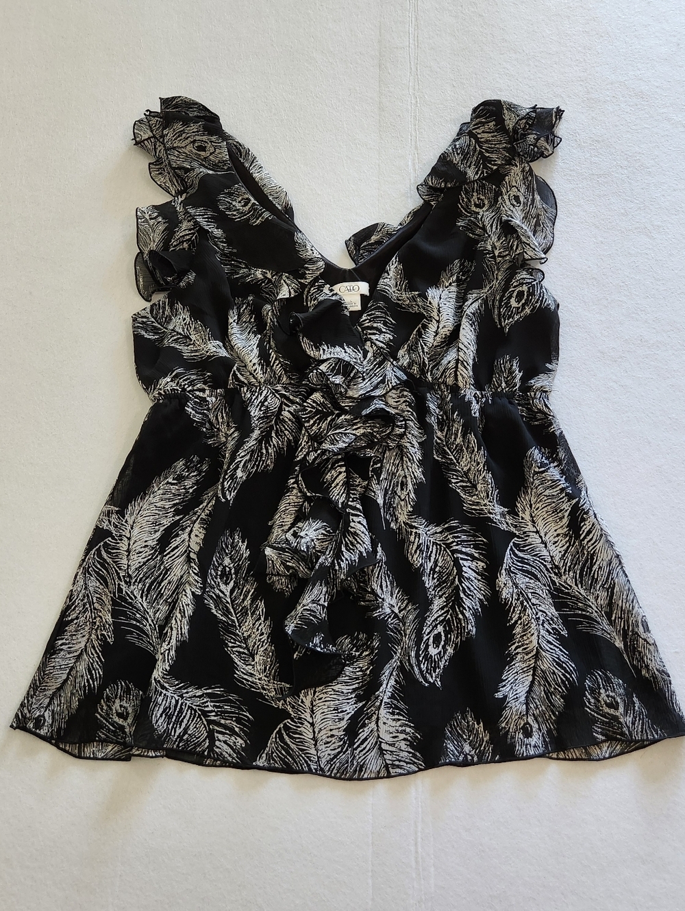 Cato Black and White Printed Chiffon Ruffle Blouse Size Large